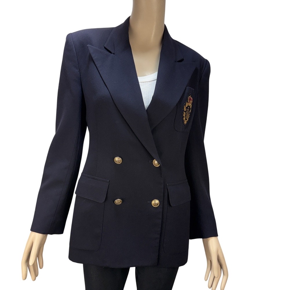 Ralph Lauren Vtg Navy Blazer Royal Crest Gold Button‎ Double Breast Wool Size 6
